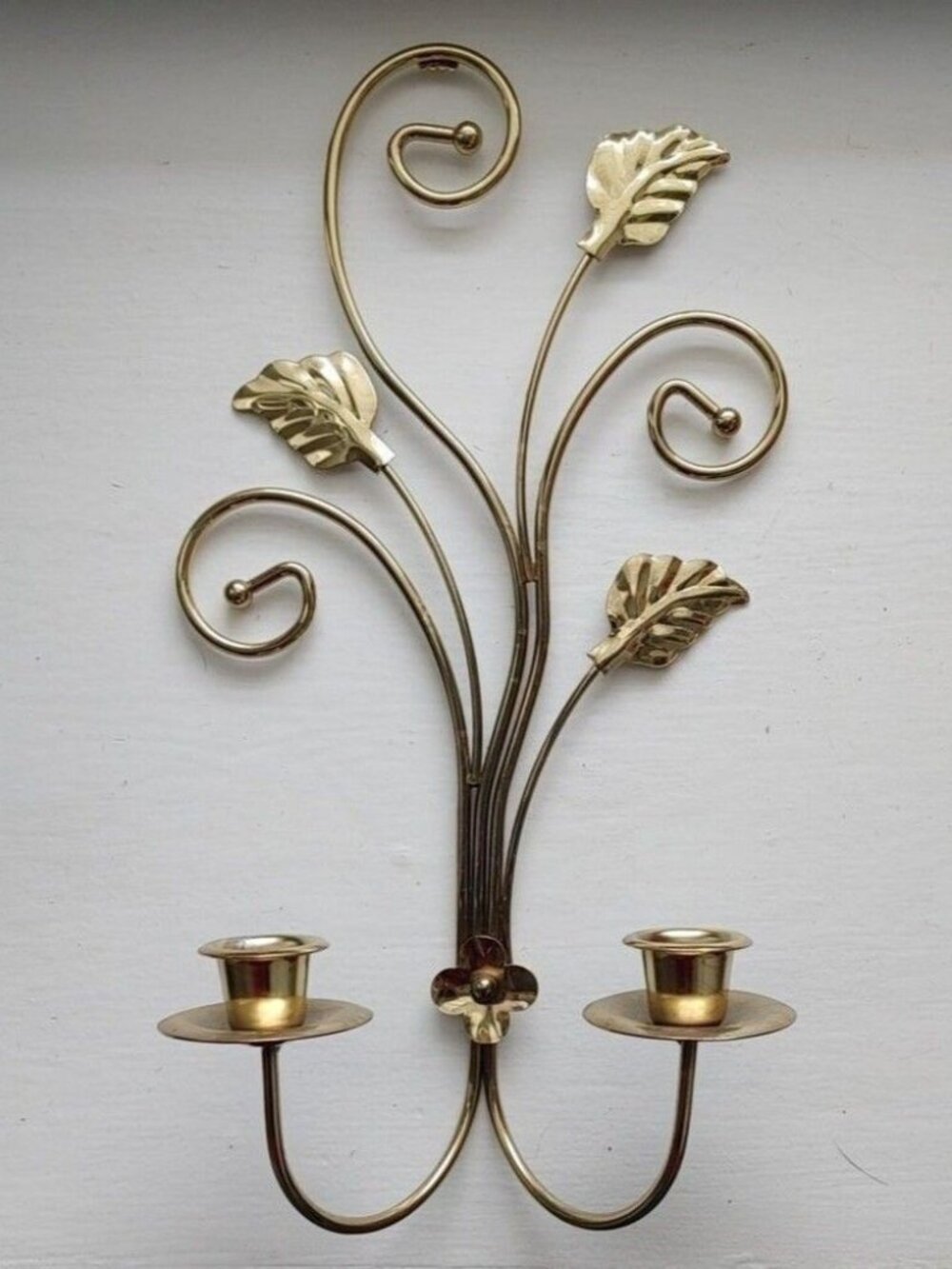 Vintage Home Interiors Goldtone Leaves Scrolls Double Candle Wall Sconce